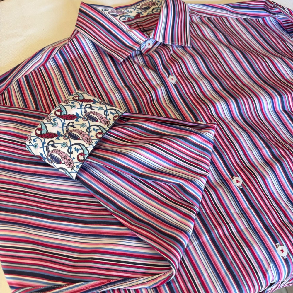 Robert Graham Button Down Mens XL Multi Color Striped Paisley Cuffs Cotton Shirt